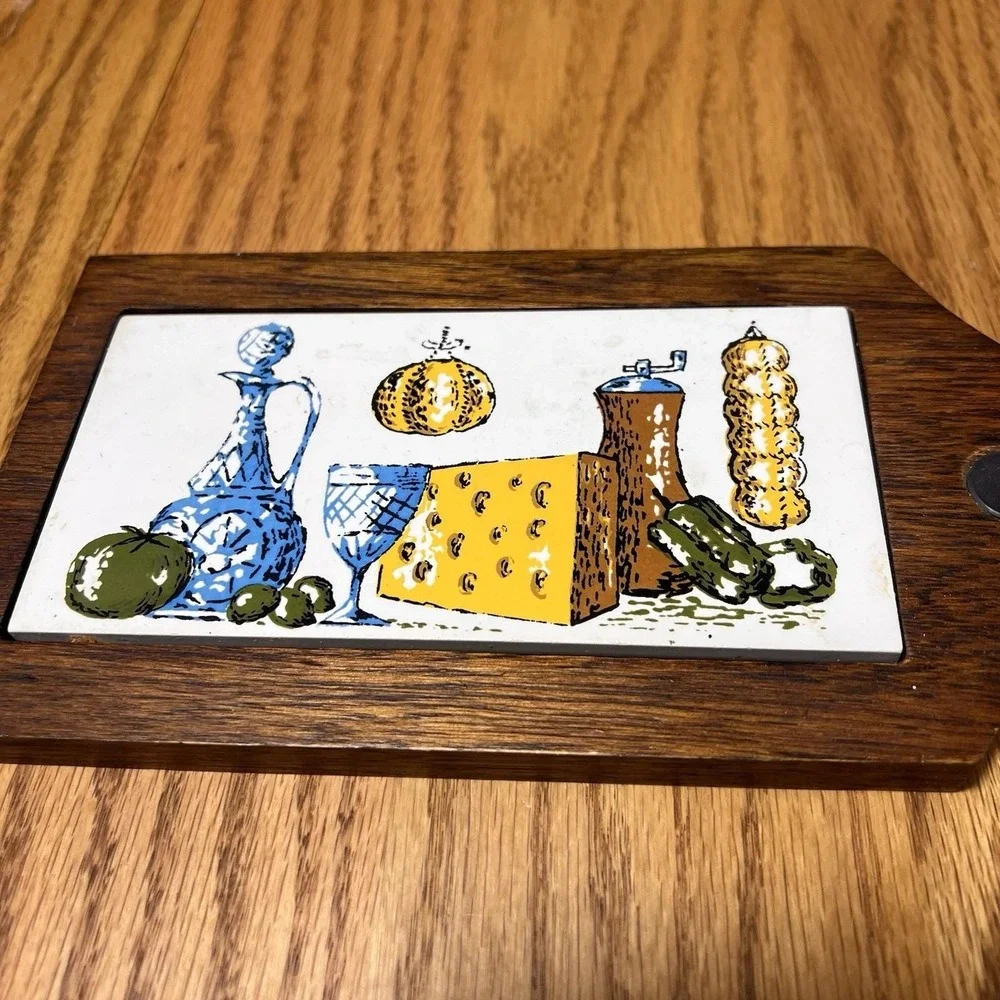 VTG Mid-Century Teak Cheese Board with Ceramic Tile Insert Retro Charcuterie